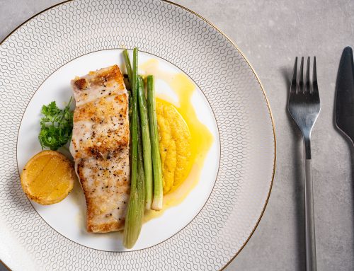 Baked Kingfish with Grilled Baby Fennel, Pencil Leek & Sweetcorn Purée