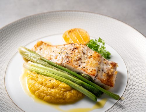 Baked Kingfish with Grilled Baby Fennel, Pencil Leek & Sweetcorn Purée